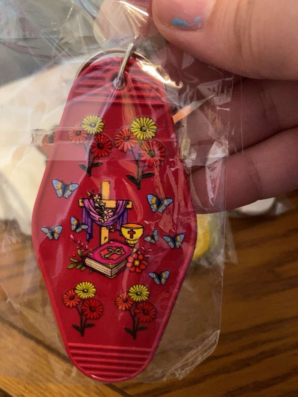 Red Floral Butterfly Novelty Keychain Tag